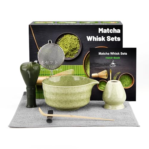 DULEIAU RAVFD Matcha Besen Set, 7-Teiliges Matcha Set, Matcha Besen, Matcha Schale, Schaufel, Sieb, Matcha-Besenhalter, Teetuch aus Baumwolle (Chakin), Geschenk für Zuhause und Büro -Grüner Tee von DULEIAU RAVFD