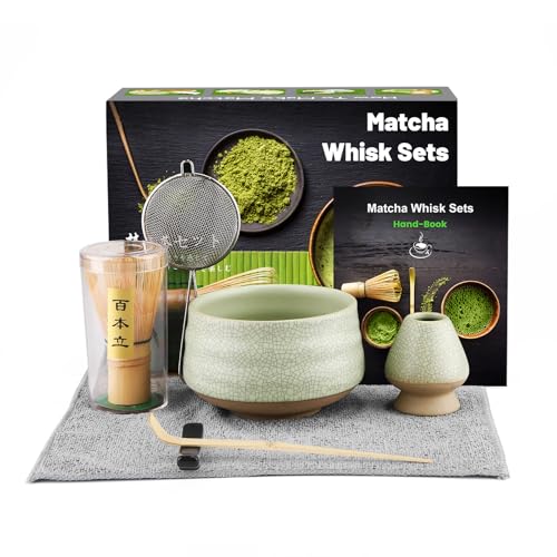 Matcha Besen Set, 7-Teiliges Matcha Set, Matcha Besen, Matcha Schale, Schaufel, Sieb, Matcha-Besenhalter, Teetuch aus Baumwolle (Chakin), Geschenk für Zuhause und Büro -Offenes Grau-Grün von DULEIAU RAVFD