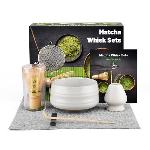 Matcha Besen Set, 7-Teiliges Matcha Set, Matcha Besen, Matcha Schale, Schaufel, Sieb, Matcha-Besenhalter, Teetuch aus Baumwolle (Chakin), Geschenk für Zuhause und Büro -Mattweiß von DULEIAU RAVFD