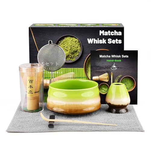 Matcha Besen Set, 7-Teiliges Matcha Set, Matcha Besen, Matcha Schale, Schaufel, Sieb, Matcha-Besenhalter, Teetuch aus Baumwolle (Chakin), Geschenk für Zuhause und Büro -Grün Gradient von DULEIAU RAVFD