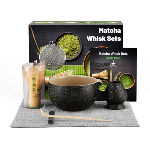 Matcha Besen Set, 7-Teiliges Matcha Set, Matcha Besen, Matcha Schale, Schaufel, Sieb, Matcha-Besenhalter, Teetuch aus Baumwolle (Chakin), Geschenk für Zuhause und Büro -Schwarz von DULEIAU RAVFD