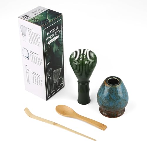 Matcha Set, Gelb MatchaBesen aus Harz, Bambuslöffel, Bambusschaufel, Quirlhalter, 4 Stück MatchaTee Sets, Einfach zu Reinigen, Dunkelgrün von DULEIAU RAVFD