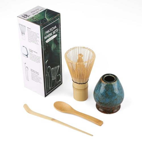 Matcha Set, Gelb MatchaBesen aus Naturbambus, Bambuslöffel, Bambusschaufel, Quirlhalter, 4 Stück MatchaTee Sets, Einfach zu Reinigen, Blau-Grün von DULEIAU RAVFD