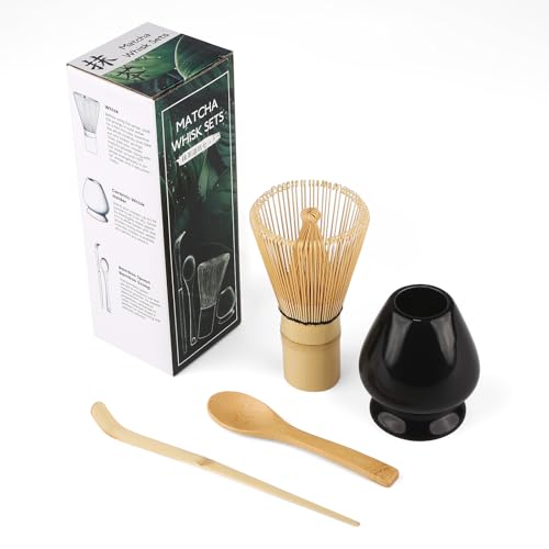 Matcha Set, Gelb MatchaBesen aus Naturbambus, Bambuslöffel, Bambusschaufel, Quirlhalter, 4 Stück MatchaTee Sets, Einfach zu Reinigen, Dunkel von DULEIAU RAVFD