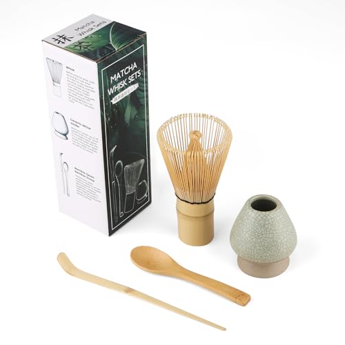 Matcha Set, Gelb MatchaBesen aus Naturbambus, Bambuslöffel, Bambusschaufel, Quirlhalter, 4 Stück MatchaTee Sets, Einfach zu Reinigen, Graugrün von DULEIAU RAVFD