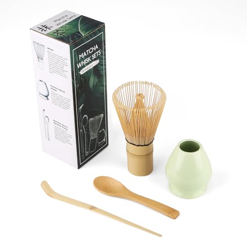 Matcha Set, Gelb MatchaBesen aus Naturbambus, Bambuslöffel, Bambusschaufel, Quirlhalter, 4 Stück MatchaTee Sets, Einfach zu Reinigen, Hellgrün von DULEIAU RAVFD