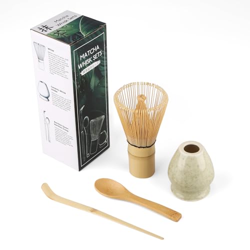 Matcha Set, Gelb MatchaBesen aus Naturbambus, Bambuslöffel, Bambusschaufel, Quirlhalter, 4 Stück MatchaTee Sets, Einfach zu Reinigen, Wandel-Grün von DULEIAU RAVFD