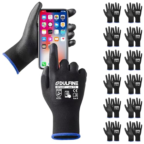 DULFINE Arbeitshandschuhe, Sicherheitshandschuhe, PU-Beschichtung, für Damen und Herren, nahtloser Strickhandschuh mit zwei Fingern, Touchscreen-Handschuhe, perfekt für allgemeine Arbeit, 12 Paar DULFINE Arbeitshandschuhe, Sicherheitshandschuhe, PU-Beschichtung, für Damen und Herren, nahtloser Strickhandschuh mit zwei Fingern, Touchscreen-Handschuhe, perfekt für allgemeine Arbeit, 12 Paar von DULFINE