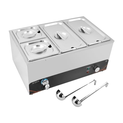 DULNICE Bain Marie Speisewärmer Elektrische Edelstahl 1500W 4 GN-Behältern Wasserbad mit Ablaufhahn,inkl. Deckel & Ablaufhahn & Esslöffeln geliefert, für Kantine, Café usw, Bankett von DULNICE