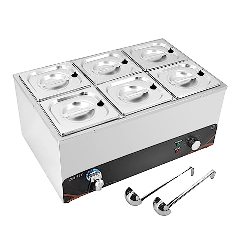 DULNICE Bain Marie Speisewärmer Elektrische Edelstahl 1500W 6 GN-Behältern Wasserbad mit Ablaufhahn,inkl. Deckel & Ablaufhahn & Esslöffeln geliefert, für Kantine, Café usw, Bankett von DULNICE