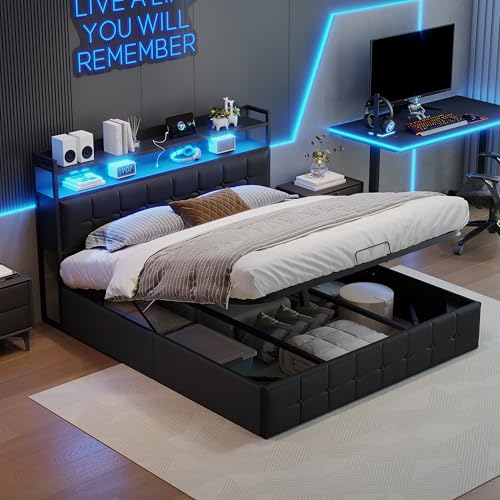 DULRLLY Bett 140 x 190 mit Stauraum, Boxspringbett mit Bettkasten, LED Polsterbett Doppelbett mit Stauraum Kopfteil Hydraulisch Stauraumbett Jugendbett Bettgestell mit Lattenrost aus Holz, PU DULRLLY Bett 140 x 190 mit Stauraum, Boxspringbett mit Bettkasten, LED Polsterbett Doppelbett mit Stauraum Kopfteil Hydraulisch Stauraumbett Jugendbett Bettgestell mit Lattenrost aus Holz, PU von DULRLLY