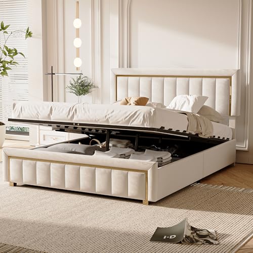 DULRLLY Bett mit Stauraum 140x200 Polsterbett mit Bettkasten Jugendbett Bettgestell mit Kopfteil und Lattenrost aus Holz Modern Hydraulisch Stauraumbett Rückenkissen Funktionsbett, Samt (Weiß) von DULRLLY