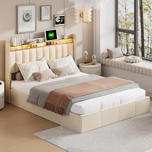 DULRLLY Polsterbett Doppelbett 140x200 cm, LED Jugendbett Hydraulisch Stauraumbett mit Stauraum Kopfteil, Multifunktionales Funktionsbett mit LED Beleuchtung und USB Ladefunktion,Samt (140x200 cm) von DULRLLY