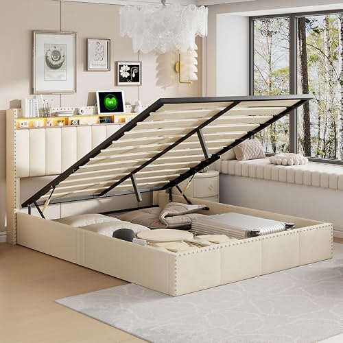 DULRLLY Polsterbett Doppelbett 140x200 cm, LED Jugendbett Hydraulisch Stauraumbett mit Stauraum Kopfteil, Multifunktionales Funktionsbett mit LED Beleuchtung und USB Ladefunktion,Samt (160x200 cm) von DULRLLY