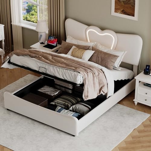 DULRLLY Polsterbetten 140x200 cm Bett mit Stauraum, Doppelbett mit LED Beleuchtung und USB-Anschlüss Jugendbett Hydraulisch Stauraumbett Funktionsbett Bettgestell mit Lattenrost,Samt von DULRLLY