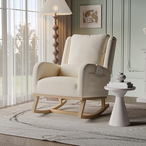 DULRLLY Schaukelstuhl, Schaukelstuhl mit hoher Rückenlehne, Schaukelstuhl Wohnzimmer mit Seitentasche und Armlehnen, bequeme Lesesessel für Wohnzimmer, Balkon, Schlafzimmer (Beige (Leinen)) von DULRLLY
