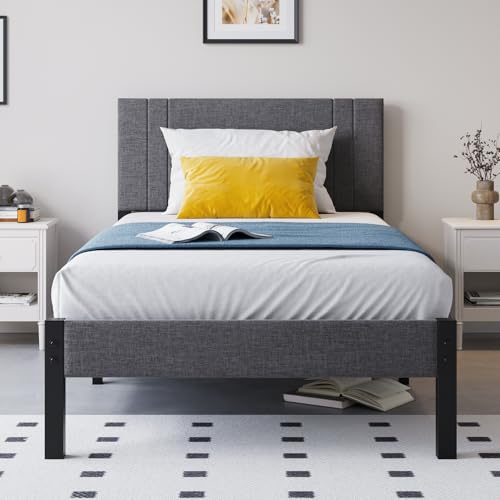 DUMEE Einzelbettrahmen mit gepolstertem Kopfteil, 91 cm gepolsterter Bettgestell mit Metalllatten, verbesserte Unterstützung, kein Boxspringbett erforderlich, Dunkelgrau von DUMEE