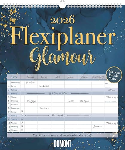 DUMONT - Flexiplaner Glamour 2026 – Familienplaner 35x40 cm – Wandkalender mit 7 Spalten, Mondphasen & Datumsstickern, stilvoll organisiert von DUMONT
