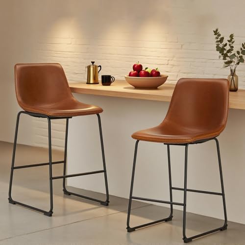 DUMOS Barhocker 2er Set, Moderner Stil Barstuhl mit Sitzkissen Aus Pu-Leder Und Metallbein Bar Stool mit lehne, 66 cm, Geeignet für Die Bar, Die Küche und Das Wohnzimmer (Braun) von DUMOS