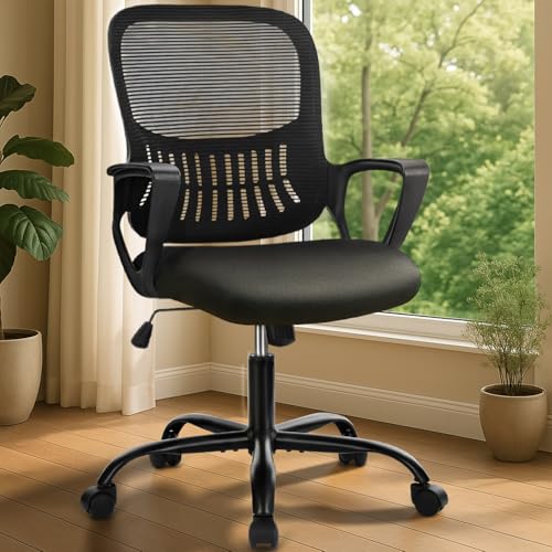 DUMOS Bürostuhl Ergonomisch, Schreibtischstuhl mit Lendenwirbelstütze, Drehstuhl mit Armlehne, Computerstuhl, Höhenverstellbarer Office Chair, Bürostühle Geeignet für Büro und Schlafzimmer (Schwarz) von DUMOS