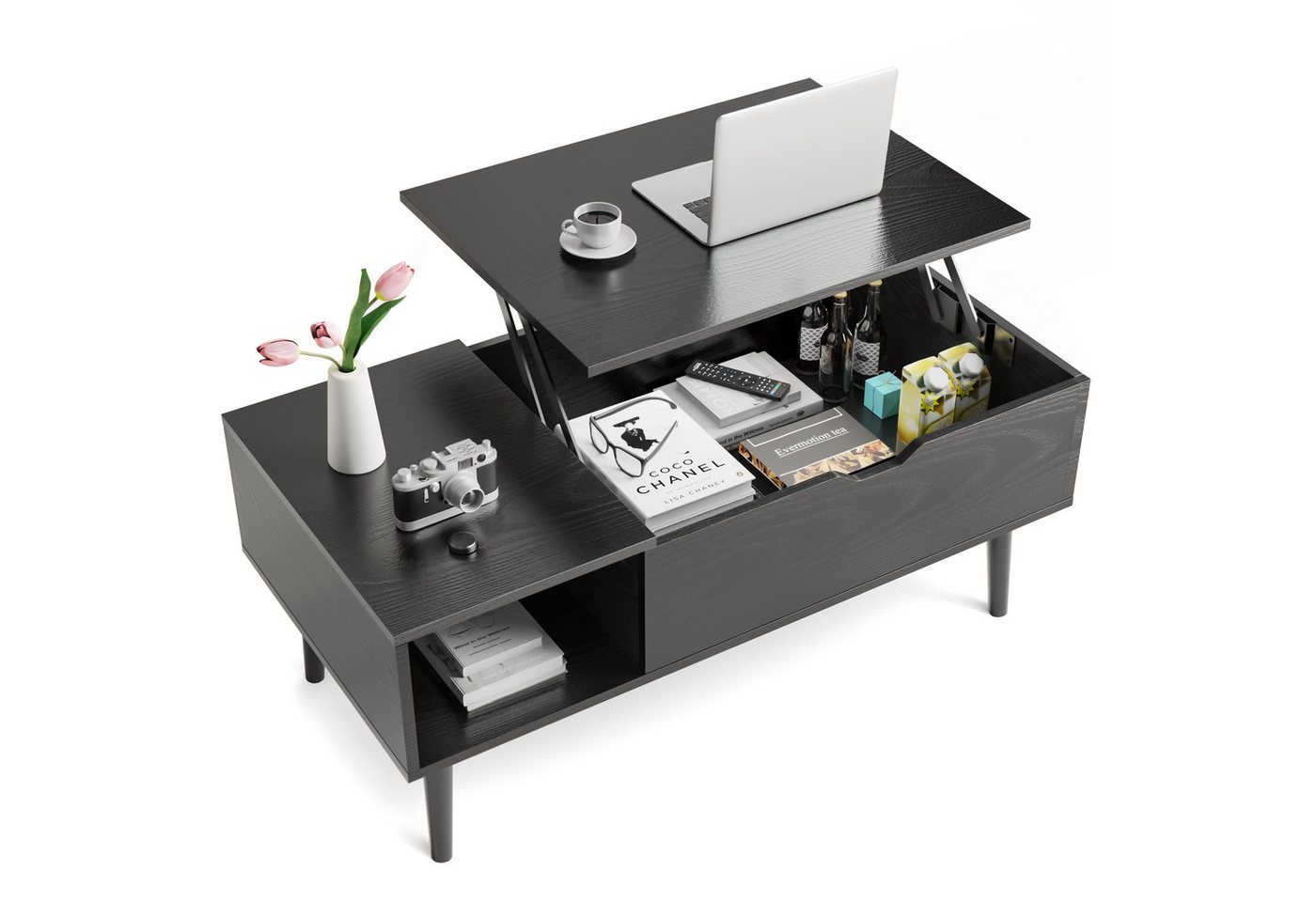 DUMOS Couchtisch Höhenverstellbar Wohnzimmertisch Ausziehbar Stauraum Coffee Table, Hölzerner höhenverstellbarer versteckter Stauraum von DUMOS