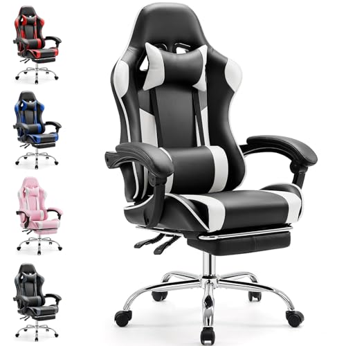 DUMOS Ergonomischer Gaming Stuhl mit Fußstütze Atmungsaktiver PC mit verstellbare Lendenkissen Kopfkissen und Armlehnen 150 kg Belastbarkeit Drehsessel von DUMOS