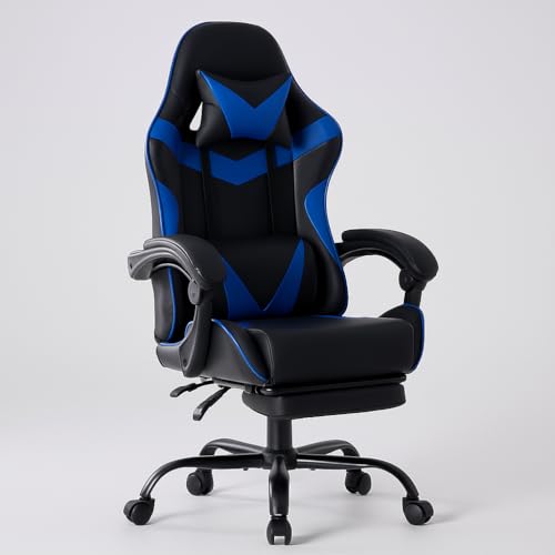 DUMOS Gaming Stuhl, Chair Gamer Sessel - Ergonomischer Gamer Stuhl mit Fußstütze Kopfstütze und Lordosenstütz Höhenverstellbar Gepolstert Gamingstuhl 150 Kg Tragkraft PC Sessel Drehsessel Schwarz-Blau von DUMOS