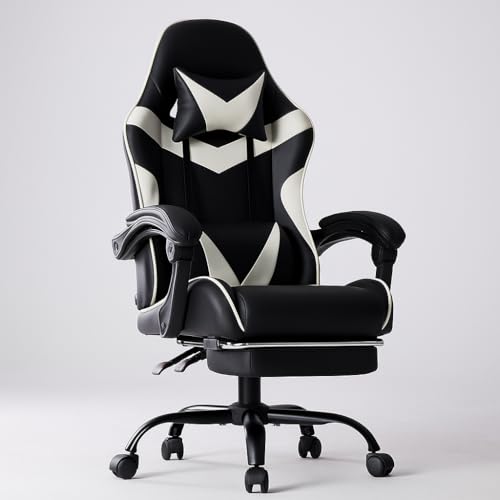 DUMOS Gaming Stuhl, Chair Gamer Sessel - Ergonomischer Gamer Stuhl mit Fußstütze Kopfstütze und Lordosenstütz Höhenverstellbar Gepolstert Gamingstuhl 150 Kg Tragkraft PC Sessel Drehsessel Schwarz-Weiß von DUMOS