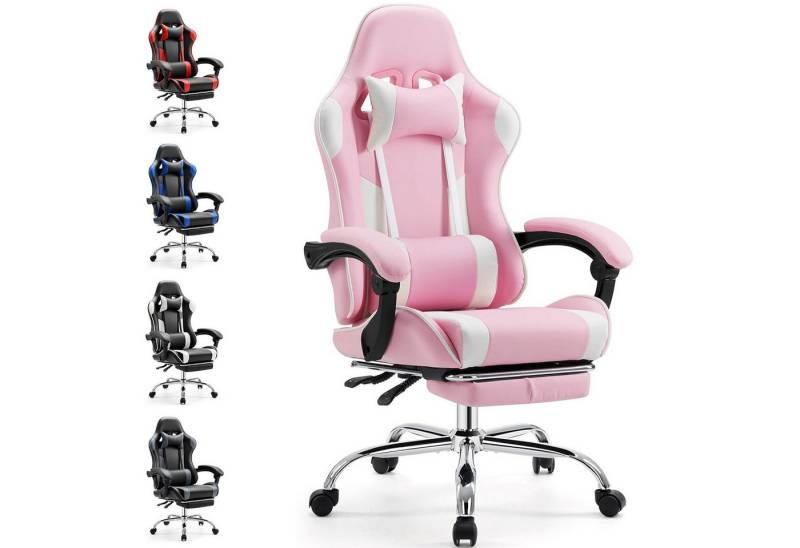 DUMOS Gaming-Stuhl Ergonomischer Bürostuhl mit Fußstütze, PU-Leder E-Sportstuhl, Gepolstert mit verstellbare Lendenkissen, Kopfkissen und Armlehnen von DUMOS