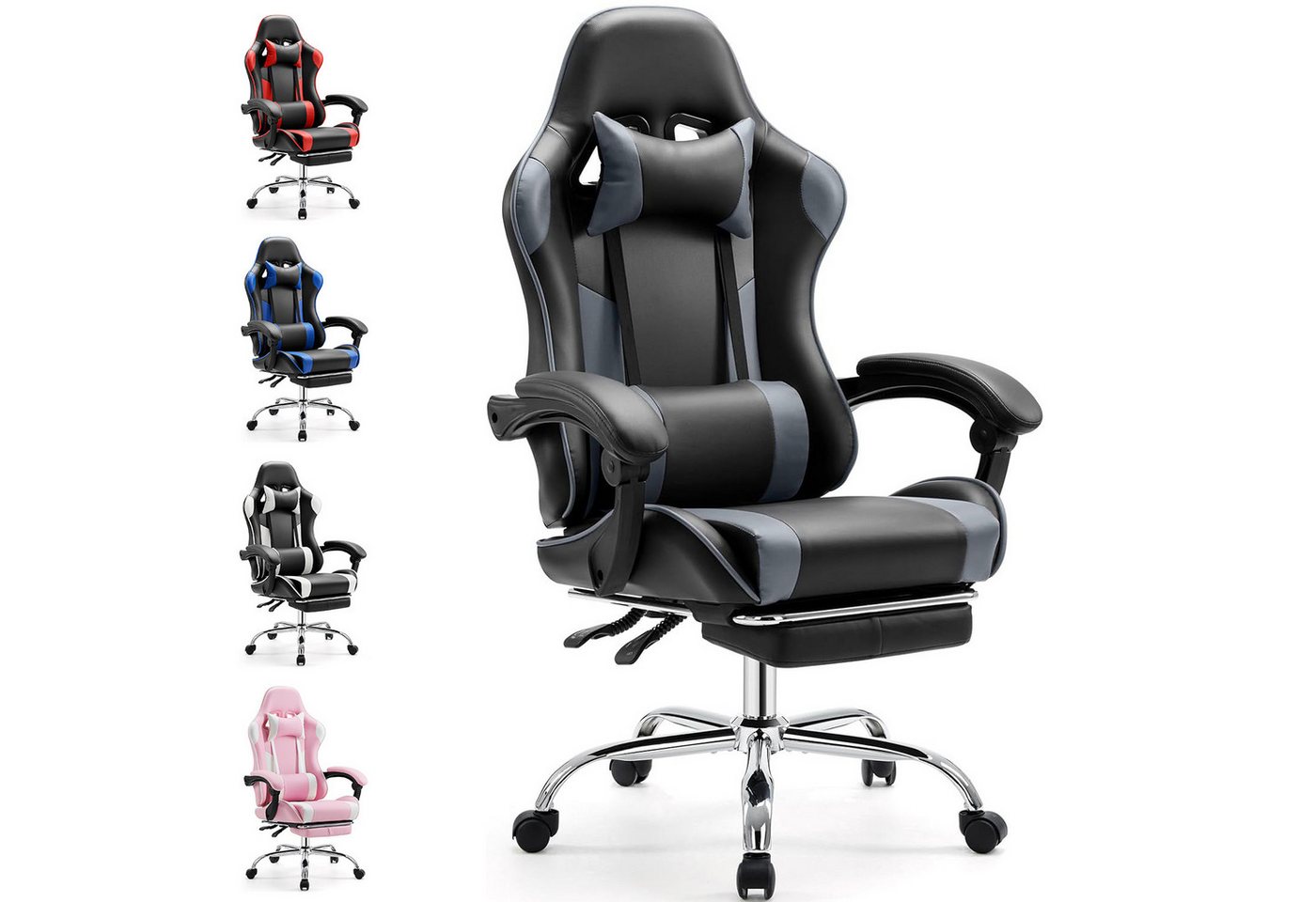 DUMOS Gaming-Stuhl Ergonomischer Bürostuhl mit Fußstütze, PU-Leder E-Sportstuhl, Gepolstert mit verstellbare Lendenkissen, Kopfkissen und Armlehnen von DUMOS