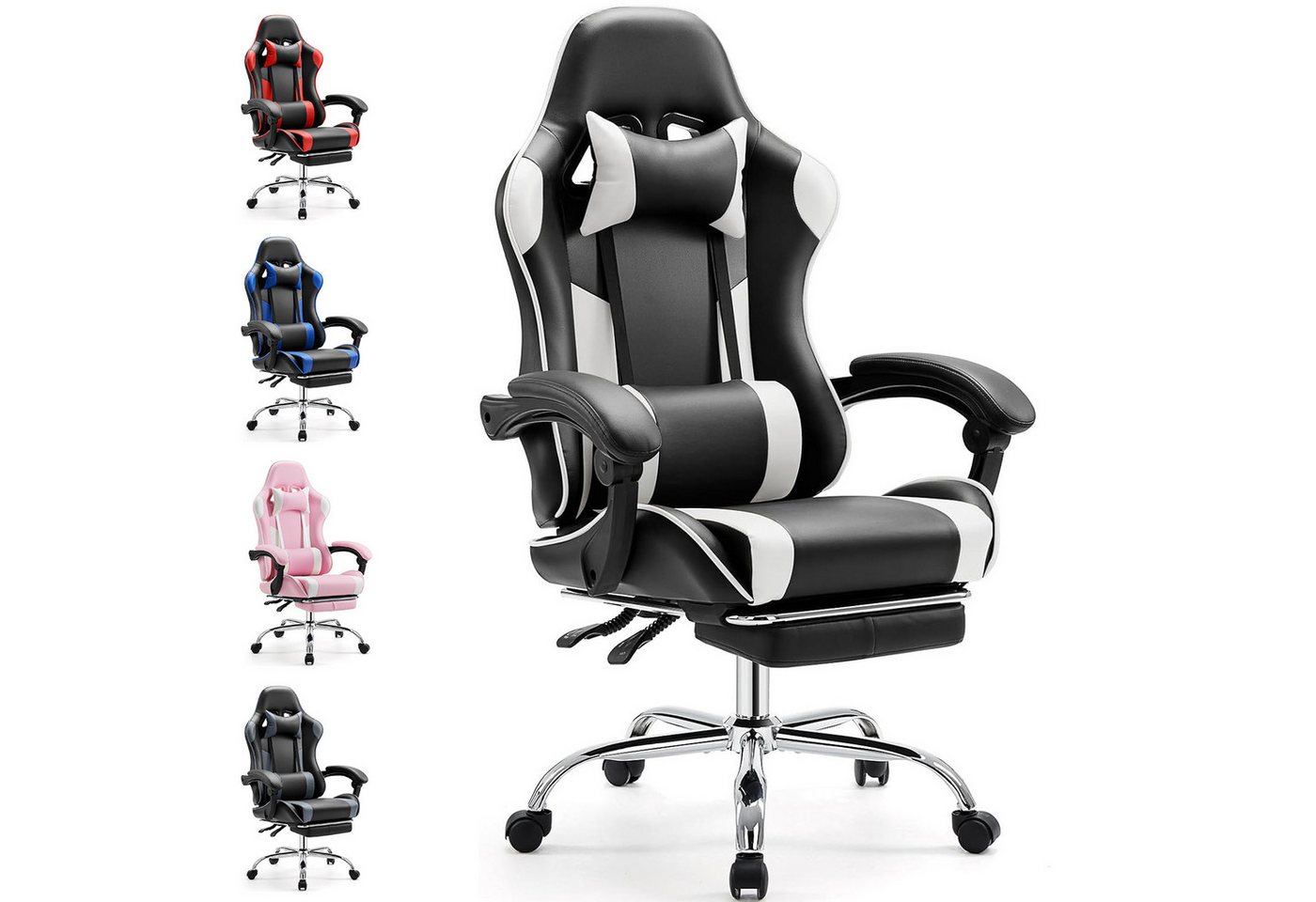 DUMOS Gaming-Stuhl Ergonomischer Bürostuhl mit Fußstütze, PU-Leder E-Sportstuhl, Gepolstert mit verstellbare Lendenkissen, Kopfkissen und Armlehnen von DUMOS