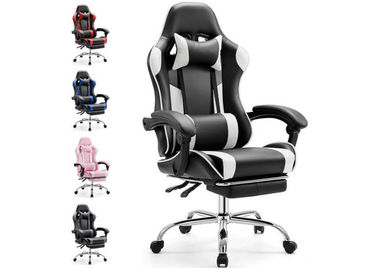 DUMOS Gaming-Stuhl Ergonomischer Bürostuhl mit Fußstütze, PU-Leder E-Sportstuhl, Gepolstert mit verstellbare Lendenkissen, Kopfkissen und Armlehnen von DUMOS