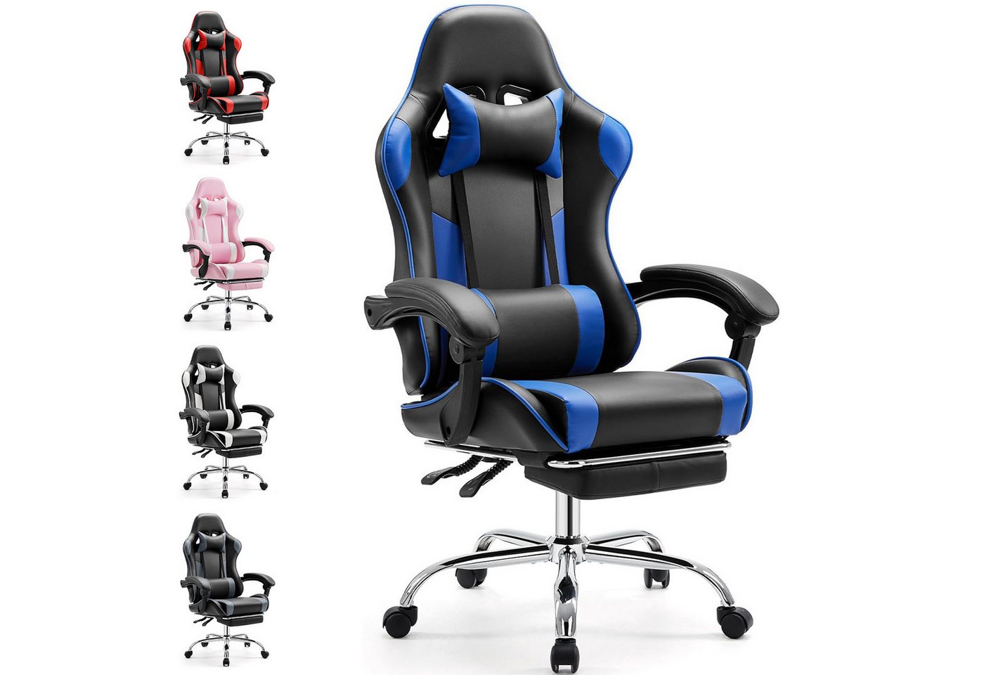 DUMOS Gaming-Stuhl Ergonomischer Bürostuhl mit Fußstütze, PU-Leder E-Sportstuhl, Gepolstert mit verstellbare Lendenkissen, Kopfkissen und Armlehnen von DUMOS