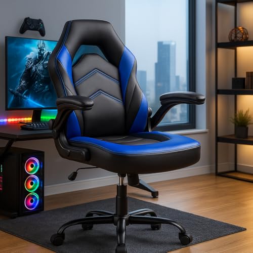 DUMOS Gaming Stuhl - Ergonomischer Gaming Sessel, Verstellbarer Drehbarer Gamingstuhl aus PU-Leder mit klappbaren Armlehnen, Geeignet für Zuhause, Büros usw(Schwarz-Blau) von DUMOS