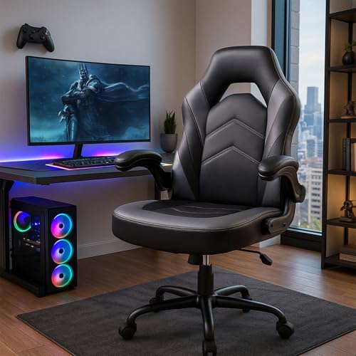 DUMOS Gaming Stuhl - Ergonomischer Gaming Sessel, Verstellbarer Drehbarer Gamingstuhl aus PU-Leder mit klappbaren Armlehnen, Geeignet für Zuhause, Büros usw(Schwarz-Grau) von DUMOS