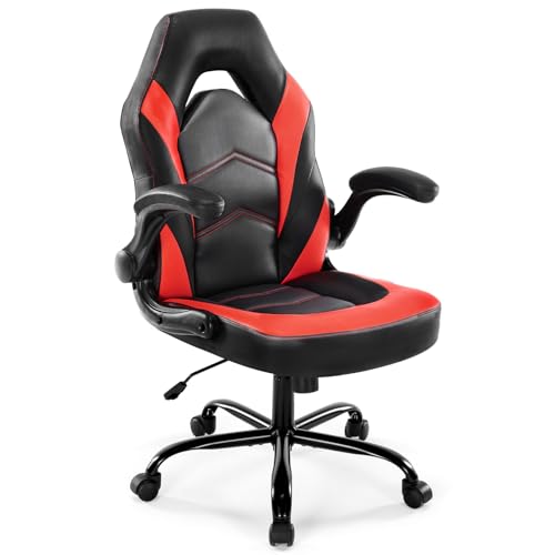 DUMOS Gaming Stuhl - Ergonomischer Gaming Sessel, Verstellbarer Drehbarer Gamingstuhl aus PU-Leder mit klappbaren Armlehnen, Geeignet für Zuhause, Büros usw(Schwarz-Rot) von DUMOS