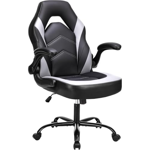 DUMOS Gaming Stuhl - Ergonomischer Gaming Sessel, Verstellbarer Drehbarer Gamingstuhl aus PU-Leder mit klappbaren Armlehnen, Geeignet für Zuhause, Büros usw(Schwarz-Weiß) von DUMOS