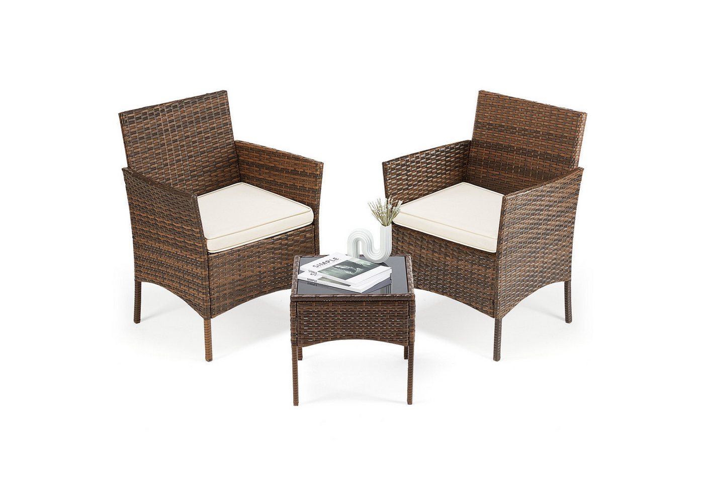 DUMOS Gartenlounge-Set Gartenmöbel Rattan Set 3-teilige Balkonmöbel Terrassenmöbel, (Gartenmöbel-Set (4-tlg), 1 Tisch und 2 Stühle, mit Kissen), wetterfest von DUMOS