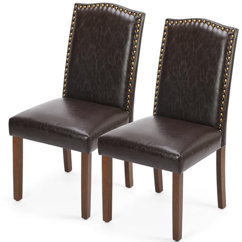 DUMOS Gepolsterter Esszimmerstühle, 2er-Set, PU-Leder, Esszimmerstuhl, Küchenstuhl mit Nagelkopfbesatz und Holzbeinen, moderne Beistellstühle für Wohnzimmer, Braun von DUMOS