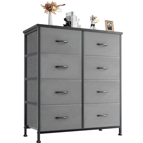 DUMOS Kommode für Schlafzimmer mit 8 Stoffschubladen, hohe Kommode Organizer für Kleidung, Schrank Kinderzimmer, Aufbewahrungsturm mit Schrank, Metallrahmen, Holzplatte, leichte Kinderzimmermöbel von DUMOS