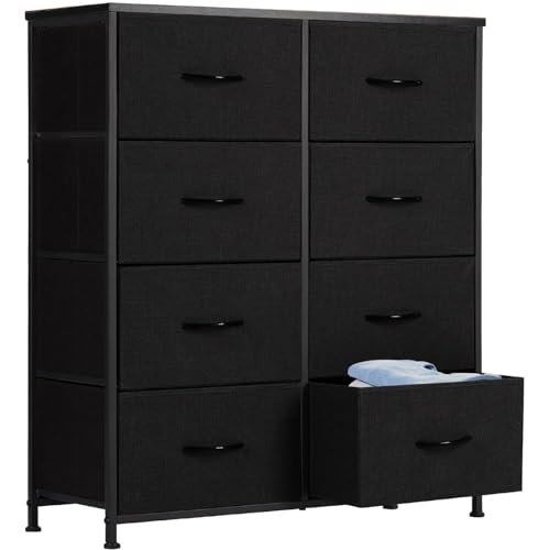 DUMOS Kommode für Schlafzimmer mit 8 Stoffschubladen hohe Kommode Organizer für Kleidung Schrank Kinderzimmer Aufbewahrungsturm mit Schrank Metallrahmen Holzplatte leichte Kinderzimmermöbel von DUMOS