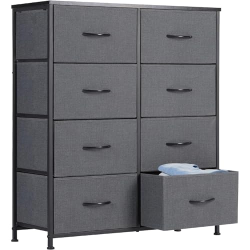 DUMOS Kommode für Schlafzimmer mit 8 Stoffschubladen hohe Kommode Organizer für Kleidung Schrank Kinderzimmer Aufbewahrungsturm mit Schrank Metallrahmen Holzplatte leichte Kinderzimmermöbel von DUMOS