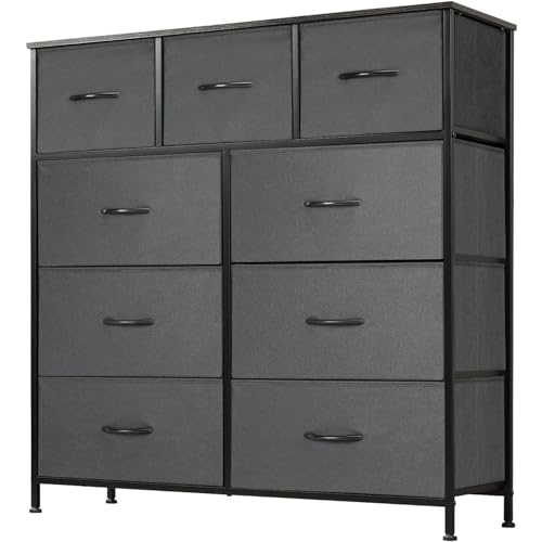 DUMOS Kommode mit Schubladen - Kommoden & Sideboards für Schlafzimmer Geeignet, Komodenschrank mit 9 Schubladen, Stoffkommode mit Stabilem Stahlrahmen, Ideal für Schlafzimmer, Wohnzimmer (Grau) von DUMOS