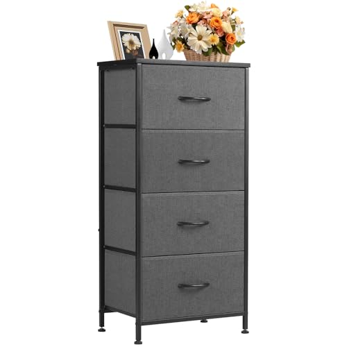 DUMOS Kommode mit Schubladen - Kommoden & Sideboards für Schlafzimmer Geeignet, Komodenschrank mit 4 Schubladen, Stoffkommode mit Stabilem Stahlrahmen, Ideal für Schlafzimmer, Wohnzimmer (Grau) von DUMOS