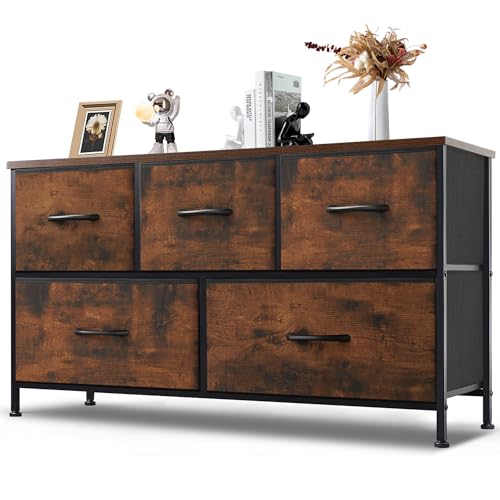 DUMOS Kommode mit Schubladen - Kommoden & Sideboards für Schlafzimmer Geeignet, Komodenschrank mit 5 Schubladen, Stoffkommode mit Stabilem Stahlrahmen, Ideal für Schlafzimmer, Wohnzimmer(Vintagebraun) von DUMOS