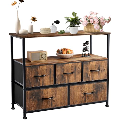 DUMOS Kommode mit Schubladen - kommoden & Sideboards für Schlafzimmer Geeignet, Komodenschrank mit 5 Schubladen, TV-Schrank mit Stabilem Stahlrahmen, Ideal für Schlafzimmer, Wohnzimmer (Vintagebraun) von DUMOS