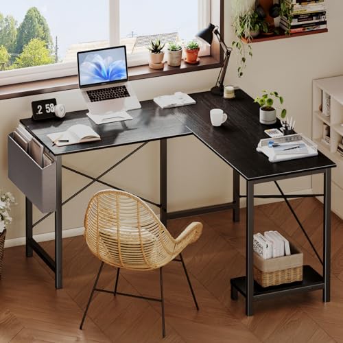 DUMOS L-förmiger Schreibtisch, Computer-Gaming-Ecktisch, 127,7 cm, Heimbüro, Schreiben, Studenten, Arbeit, PC-Arbeitsplatz mit seitlicher Aufbewahrungstasche, CPU-Ständer für Schlafzimmer, kleine von DUMOS