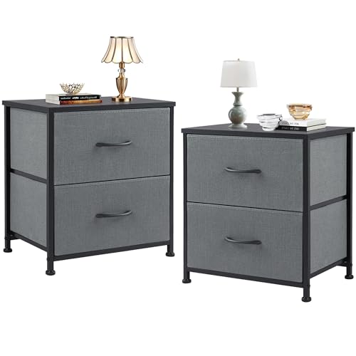 DUMOS Nachttisch 2er Set Beistelltisch Stoff Schubladenschrank Schmal Schrank Kommode Schlafzimmer Industrial Stil für Wohnzimme Kinderzimmer Flur Aufbewahrungsschrank von DUMOS