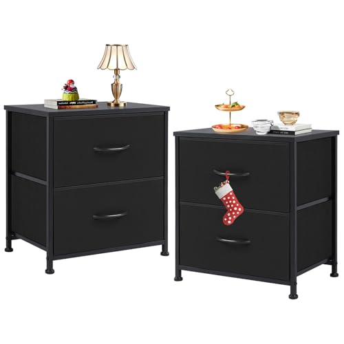 DUMOS Nachttisch 2er Set Beistelltisch Stoff Schubladenschrank Schmal Schrank Kommode Schlafzimmer Industrial Stil für Wohnzimme Kinderzimmer Flur Aufbewahrungsschrank von DUMOS
