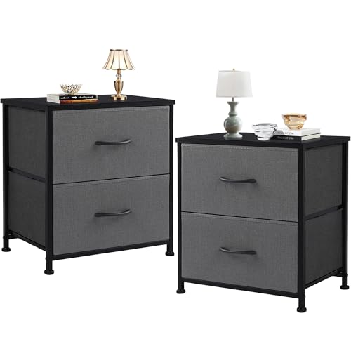 DUMOS Nachttisch 2er Set Beistelltisch Stoff Schubladenschrank Schmal Schrank Kommode Schlafzimmer Industrial Stil für Wohnzimme Kinderzimmer Flur Aufbewahrungsschrank von DUMOS